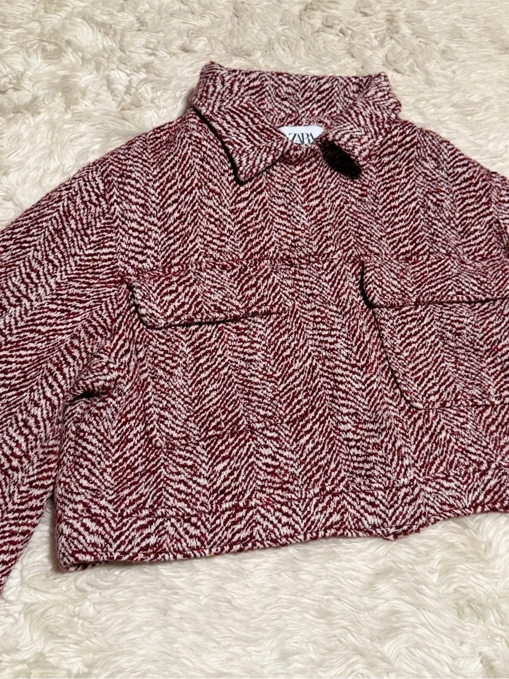 Zara Kids Burgundy Herringbone Cropped Overshirt Jacket - Size 13/14